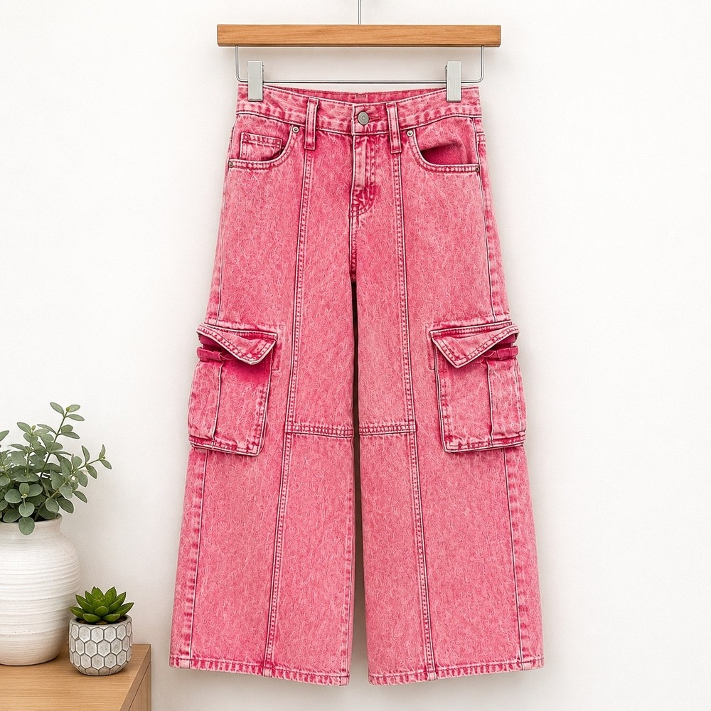 Old Navy Girls Pink Acid Wash Super Baggy Wide Leg Cargo Jeans Size 8 High Rise